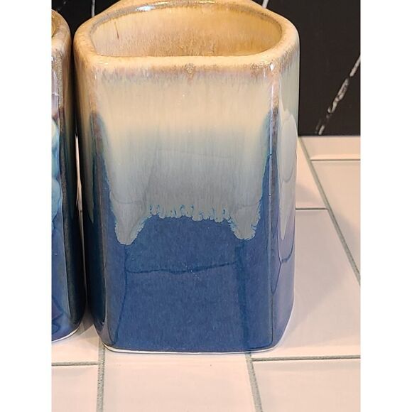 Padilla Set of (2) 4¼" Drip Glazed Blue/Beige Stoneware Mugs Unique Signed EUC - Picture 3 of 15